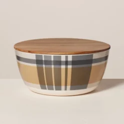 10pc Fall Plaid & Stripe Bamboo-Melamine Picnic Set Tan/Blue/Cream - Hearth & Hand™ With Magnolia -Hearth & Hand With Magnolia GUEST 2a3a8c89 19ad 43ab 812c e350221c3f35