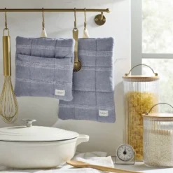 2pc Textured Stripe Potholder Set Blue - Hearth & Hand™ With Magnolia