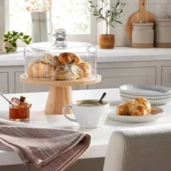 11.5" Wooden Cake Stand With Glass Cloche - Hearth & Hand™ With Magnolia: Rubberwood Pedestal, Farmhouse Style