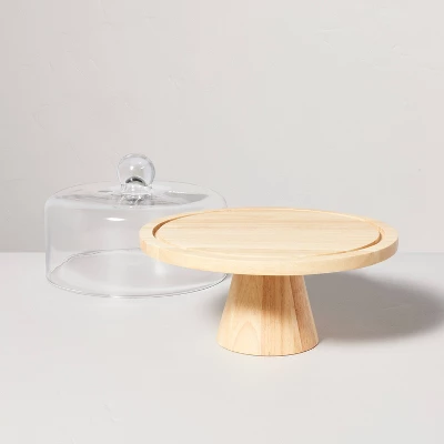 11.5" Wooden Cake Stand With Glass Cloche - Hearth & Hand™ With Magnolia: Rubberwood Pedestal, Farmhouse Style 2 11.5" Wooden Cake Stand With Glass Cloche - Hearth & Hand™ With Magnolia: Rubberwood Pedestal, Farmhouse Style - Image 2