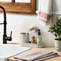 Stoneware Kitchen Sink Caddy Sour Cream - Hearth & Hand™ With Magnolia: Glazed Utensil & Sponge Organizer