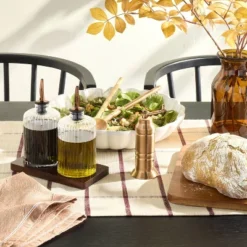 Oil & Vinegar Ribbed Glass Bottle Set With Wood Base - Hearth & Hand™ With Magnolia
