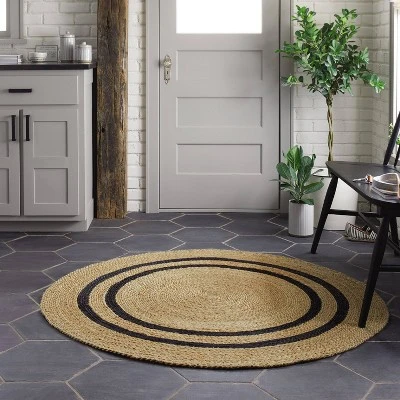 Round 5' Double Stripe Braided Jute Area Rug Charcoal/Tan - Hearth & Hand™ With Magnolia 2 Round 5' Double Stripe Braided Jute Area Rug Charcoal/Tan - Hearth & Hand™ With Magnolia - Image 2
